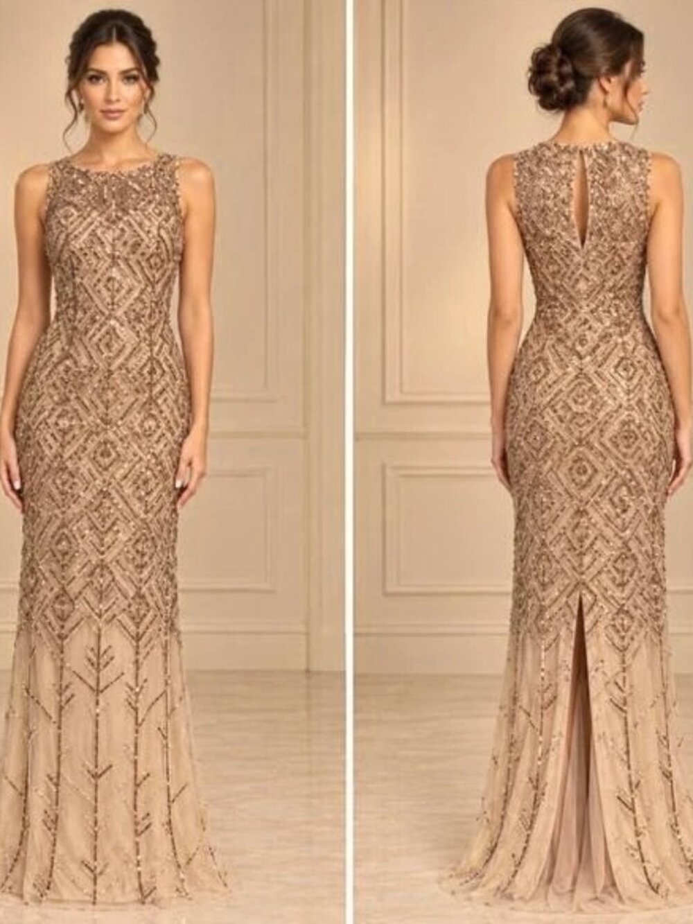 Adrianna Papell Nude Copper Gold Beaded Sequin Mesh Column Gown